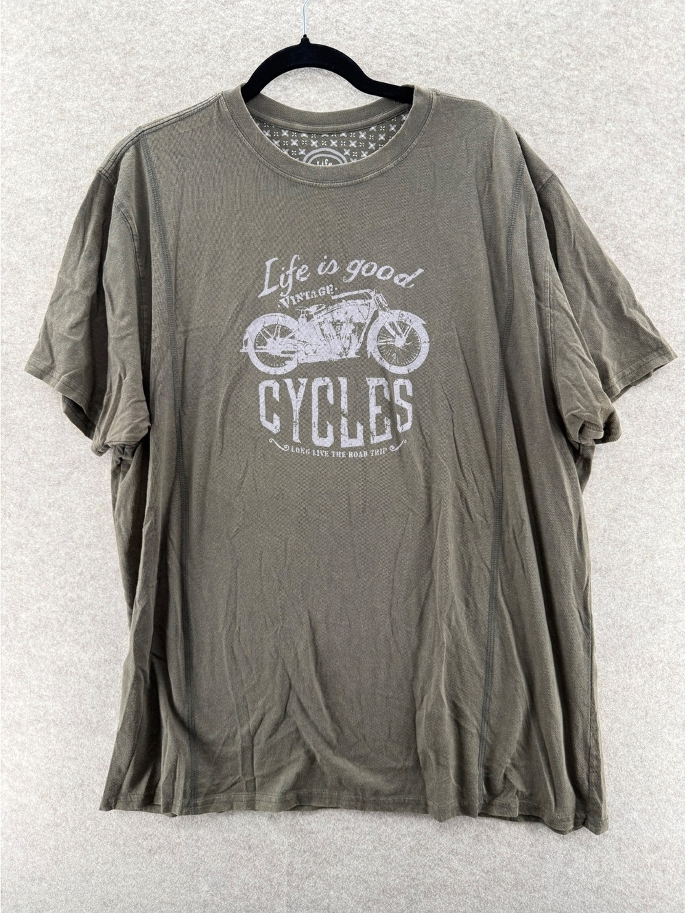 Life is Good Vintage Cycles Olive Green Graphic Shirt Mens XXL Motorcycle Biker